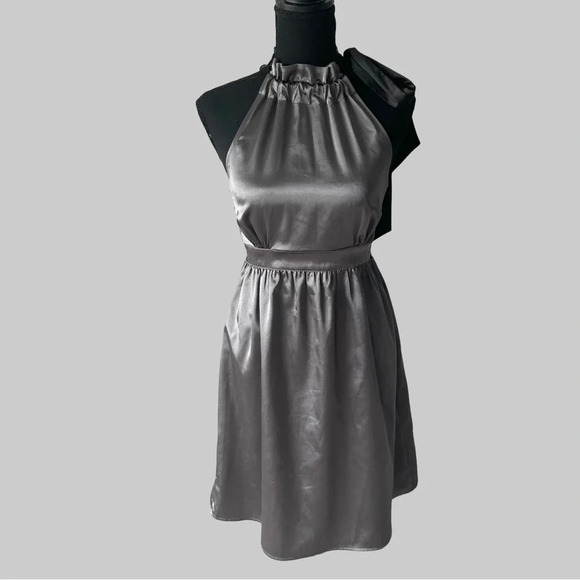 Guess Dark Grey ruffles Mock Neck Satin Dress - Picture 1 of 14